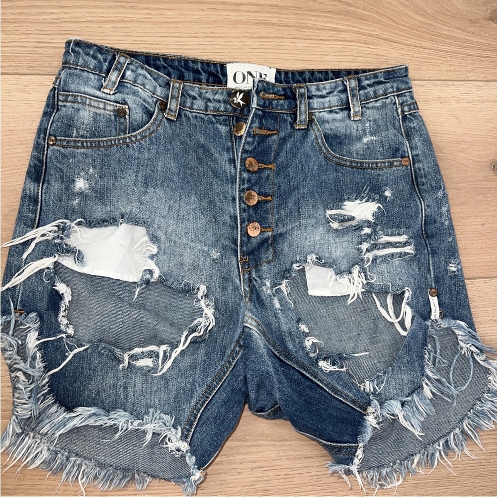 One Teaspoon Distressed Mid Length Jean Denim Shorts - Blue 24